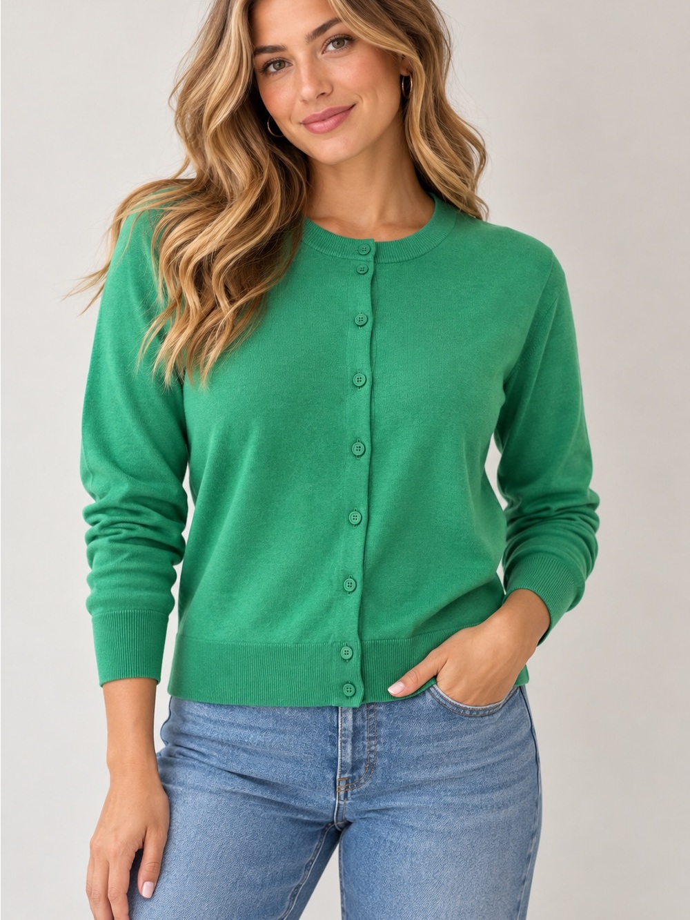 J. Crew Kelly Green Button-Front Crewneck Cardigan 100% cotton